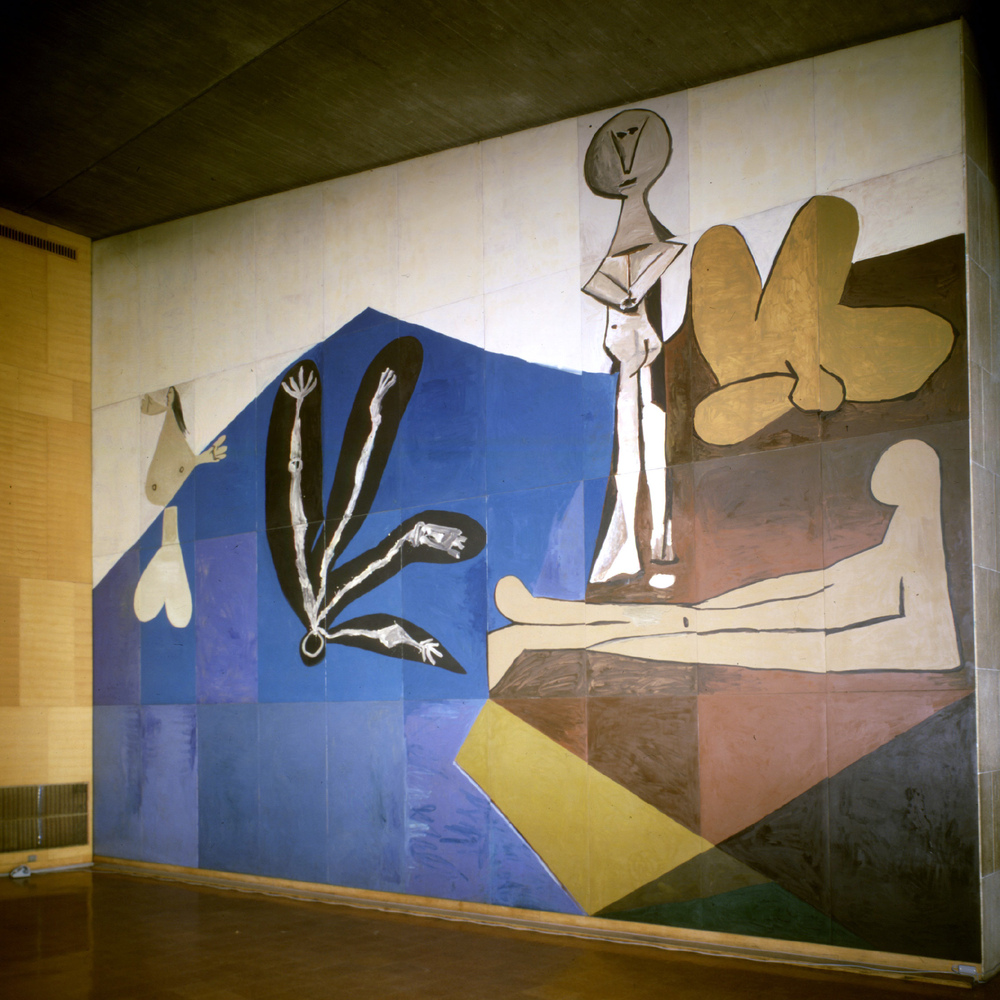 Pablo Picasso, Fall of Icarus, 1958. Acrylic on forty wooden panels, 910 x 1060 cm (35 1/4 x 417 3/8 in.). UNESCO Bâtiment des Conférences, Paris.